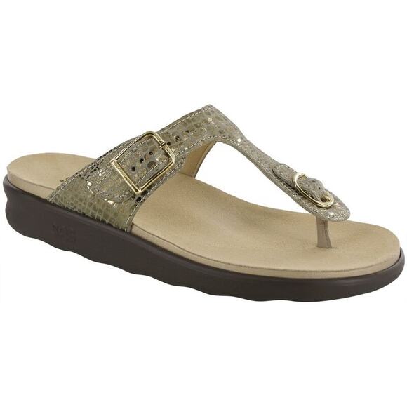 SAS Women's 11M Olive Gold Leather Sanibel T-Strap Slide Sandals Comfort LB10-21 - Picture 1 of 8